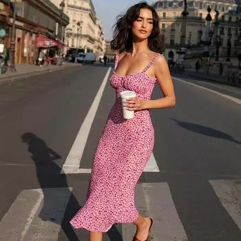 Fresh and Sweet Girl Slim-Fit Long Suspender Skirt Pink L