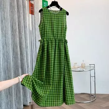 Fresh and white cotton and linen green plaid sleeveless waist drawstring summer dress women s round neck travel skirt M