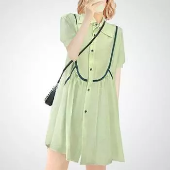 Fresh Chic Spring Contrast Color Shirt Dress Green (short sleeve) XL