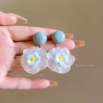 Fresh Flower Earrings for Women 2025 New Arrival Best Selling Niche Style Design Ear Studs Suitable for Summer Sweet Earrings Blue Embroider flower (Silver Needle)