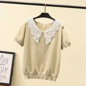 Fresh Knitting T-shirt Casual Chubby Girl Lace Summer Dress Yellow 4XL(Suggested 85.00 kg-97.50 kg)