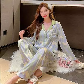 Fresh Literary Tulip Print Women s Autumn Pajamas French Elegant Herringbone Twill Sleepwear New Y2k Home Lady Nightgown M тюльпан