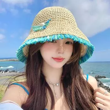 Fresh Mint Green Lace Straw Caps for Women 2024 Summer Travel Big Brim Sun Protection Versatile Foldable Casual Bucket Hat 56-58cm бежевый