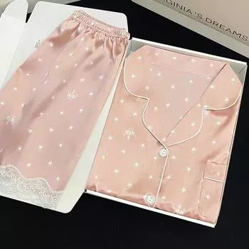 Fresh Pink Star Print Lace Pajamas for Women Sweet Flower Side Classy Short Summer Lounges Fashion Casual Nightgown M розовый