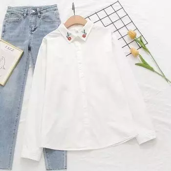 Fresh Plaid ~ Autumn New Artistic Simple Loose Shirts Women s Long-Sleeved Shirt Casual Outerwear Top White floret collar S
