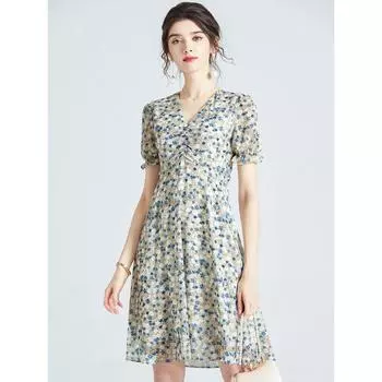 Fresh Retro V-neck Chiffon Floral Dress Floral XL