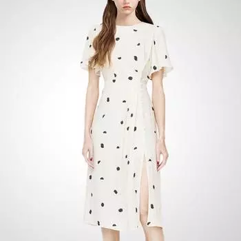Fresh Style Goddess Temperament Platycodon Slim-Fit Printed Dress Black Flowers on white background 2XL