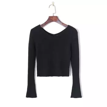 Fresh V-neck Bell Sleeve Slim Sweater Pullover Black S
