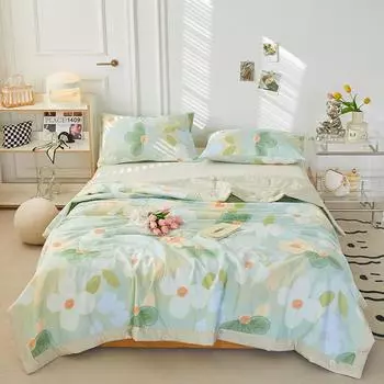 Fresh White Flowers 100% Cotton Quilted Quilt Summer Skin-friendly Comfortable Air Conditioning Quilt for Kids Teens Adults 150x200cm Single 1Pc