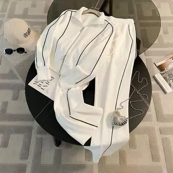 Fried Street Casual Sports Suit Women s Spring and Autumn Fashion Western Style Youthful-Looking Cardigan Zipper Sweatshirt Loose Pants Two-piece Set White L