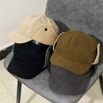 Fried Street New Hat Sweet and Cool Однотонная вельветовая осенне-зимняя теплая шапка-ушанка для мужчин и женщин на пуговицах M56-58cm хаки