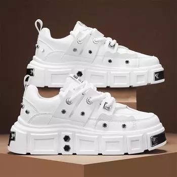 Fried street platform sports board shoes personalized metal short man height increase men s shoes punk style street shot leather surface white shoes 39 белый