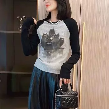 Fried Street Slim-Fit Thin Cartoon Print T-shirt Top Grey S