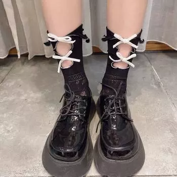 Frilly Flower Embroidery Calf Socks Cotton Hosiery Girls Bow Socks Korean Style Socks Middle Tube белый