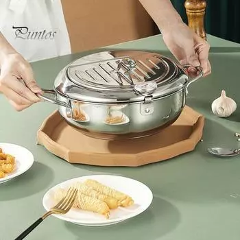 Фритюрница из нержавеющей стали с термометром, крышкой, зажимом для еды, подставкой для слива масла, многофункциональная японская сковорода для хрустящей пищи, домашнего использования на открытом воздухе 20cm