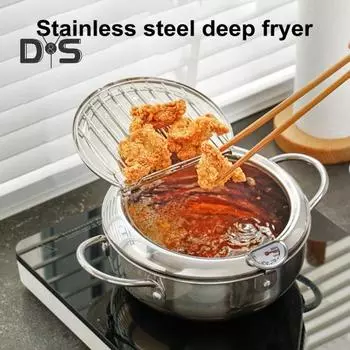 Фритюрница из нержавеющей стали с термометром, подставкой для слива масла, японская сковорода темпура для приготовления чипсов из курицы 24cm