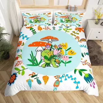Frog and Flowers Queen Bedding Set Green Cute Animal Mushroom Print Duvet Cover Watercolor Hippie Floral Polyester Quilt Cover 70x133cm 2pcs