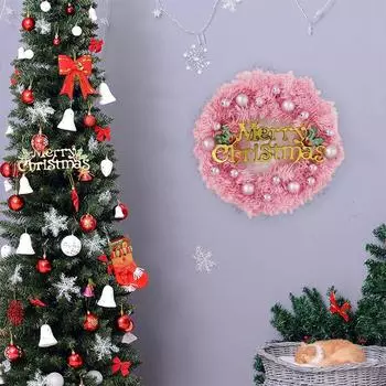 Front Door Wreath Pink Christmas Wreath Decorations Festive Door Wall Hanging Garland with Merry Christmas Sign Light for Front