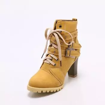Front lace-up large-size women s boots, belt buckle, short boots, high-heeled rivet boots, long-term supply 34 жёлтый