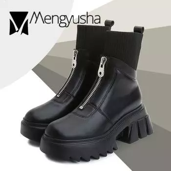 Front Zipper riding boots women knitted sock booties female winter plush platform boots chunky high heels botas big size 34-43 4.5