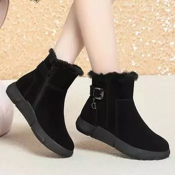 Frosted leather popular snow boots women s 2025 new winter velvet warm thickened women s shoes fur integrated cotton shoes 35 армия зеленый