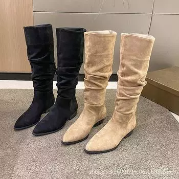 Матовые плиссированные длинные рыцарские сапоги женские осенние новые сапоги на каблуке с острым каблуком женские сапоги Челси P637 35 чёрный