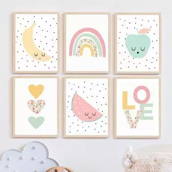 Fruit Apple Pear Banana Rainbow Love Quotes Posters Prints Canvas Painting Nordic Nursery Wall Art Pictures Kids Room Home Decor 21X30cm No Frame