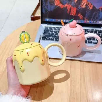 Fruit Ceramic Mug,Girls Creative 470ML Household Water Cup with Lid and Spoon,Gift for Girlfriends,Birthday Gift Milk Drinkware 470ML