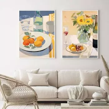 Фрукты Еда Печать Обеденный Натюрморт Плакат Холст Кухня Искусство Живопись Подсолнух Ваза Винные Настенные Картины Для Декора Столовой 21x30cm No Framed