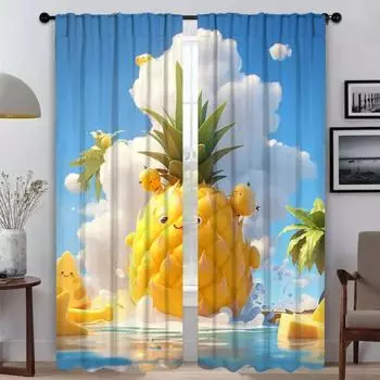 Fruit Pineapple Kitchen Curtains for Living Room Halloween Decoration Tulle for Bedroom Partition Shades Blackout Curtain Camera W50xH70cmx2pcs-CL