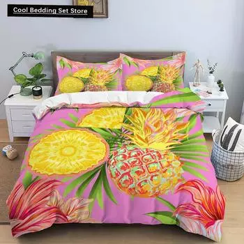 Fruit Pineapple Queen King Duvet Cover 3D Yellow Tropical Fruit Bedding Set Plants Comforter Cover 2/3pcs Polyester Quilt Cover EU King(240x220cm)