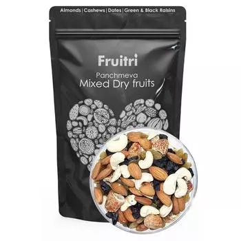 Fruitri Panchmeva Mixed Dryfruits 1 кг - полезный набор сухофруктов, содержащий миндаль, кешью, финики, зеленый и черный изюм.