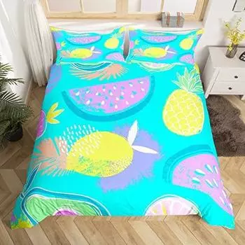 Комплект пододеяльника и наволочек размера «full» с рисунком арбуза, клубники и апельсина. Постельное белье с тропическими фруктами для комнаты девочки. US Queen(228x228cm)