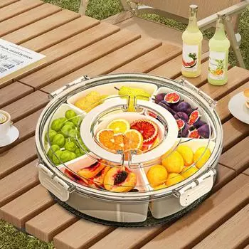 Фруктовая тарелка для закусок, вращающийся поднос с разделителями, с крышкой и ручкой, блюдо для еды