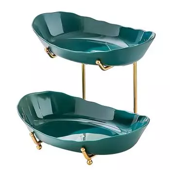 Фруктовница для кухонной стойки, двухъярусная акриловая корзина для фруктов с сервировочными мисками и металлической подставкой 2 Tier темно-зеленого