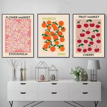 Фруктовый рынок вишня оранжевый винтажный постер и принт цветочный рынок Стокгольм настенная живопись на холсте настенные панно кухонный декор 21cm30cm NoFrame
