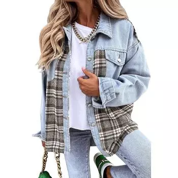 (FS) Женская куртка Джинсовая куртка с длинным рукавом в клетку Рубашка на пуговицах Куртка Топ S зелёный