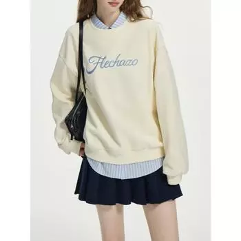 FSLE Женская толстовка Зимняя абрикосовая свободная толстовка с длинным рукавом с буквенным принтом Женская хлопковая толстовка с круглым вырезом 24FS14329 S