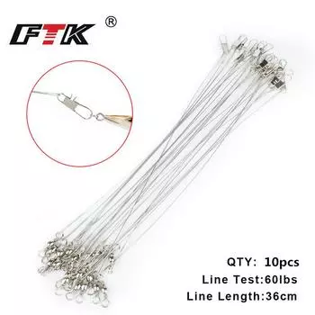 FTK 10 шт. в упаковке 15/20/25/36 см, антиклезовые поводки для рыбалки на щуку весом 60 фунтов с насадкой для спиннера