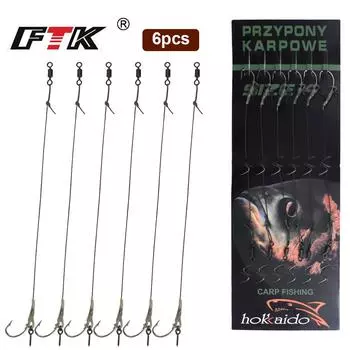 FTK 16cm/6.26inch 6pcs Lead Fishing Carp Hooks with Wire 30-60lb 2/4/6/8 # European Feeder Set Carp Hook Accessories