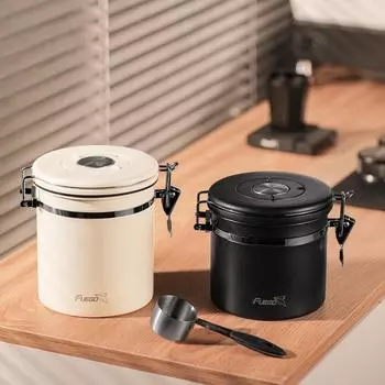 Fuego Coffee Canister Airtight Bean Container with Date Tracker Stainless Steel Kitchen Storage Box CO2 Valve Measuring Spoon