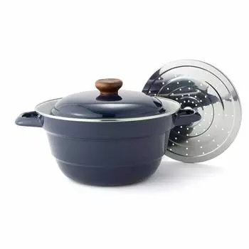 Многофункциональная эмалированная кастрюля Fuji 27 см с решетчатой крышкой, темно-синяя, для кипячения/тушения/приготовления на пару/жарки, двуручная BMP-27FW/N тёмно-синий