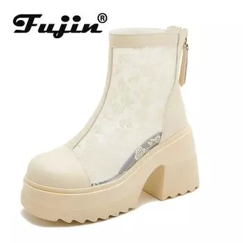 Fujin/10 см из натуральной кожи, синтетические дышащие модные летние ботильоны до середины икры, женская обувь на платформе, с открытыми отверстиями 34 бежевый