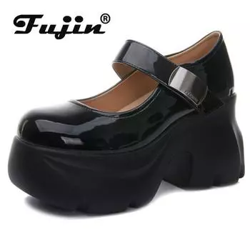 Fujin/10 см лакированная кожа из синтетической кожи на массивном каблуке, повседневная женская обувь на массивном каблуке, на шнуровке, летняя модная женская обувь на платформе, каблуке 34 чёрный
