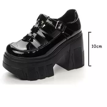 Fujin 10 см лакированные дышащие ботильоны из натуральной кожи Туфли-лодочки Мэри Джейн на массивном каблуке с пряжкой Летняя осенне-весенняя обувь на платформе 34