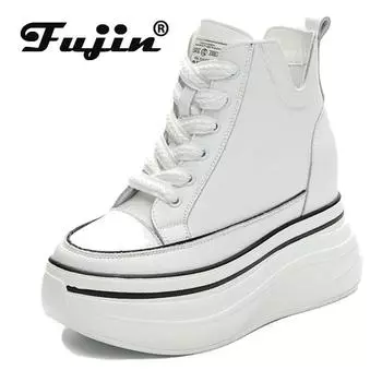 Fujin/10 см туфли на платформе из натуральной кожи на танкетке, осень-весна, массивные кроссовки до середины икры, зимние плюшевые туфли-лодочки, женские ботильоны 34 чёрный