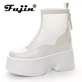 Fujin 11 см дышащие мотоциклетные ботильоны женские модные сандалии на платформе лакированная кожаная обувь летние ботинки на полой подошве 33 чёрный