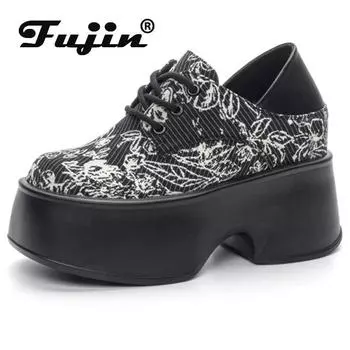 Fujin 11 см джинсовая тканевая обувь с принтом на платформе, массивные кроссовки, удобные брендовые весенне-осенние повседневные туфли из синтетической кожи 33 бежевый