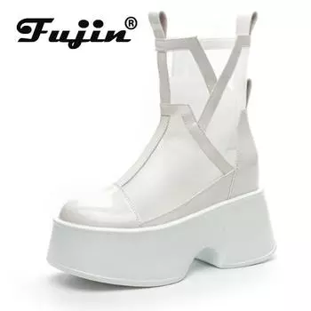 Fujin 11 см из натуральной кожи с воздушной сеткой, синтетическая дышащая платформа, модные летние ботильоны до середины икры, женская обувь