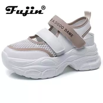 Fujin/2023, кроссовки из натуральной кожи на танкетке с воздушной сеткой, женские сандалии на танкетке, повседневные летние тапочки на крючках